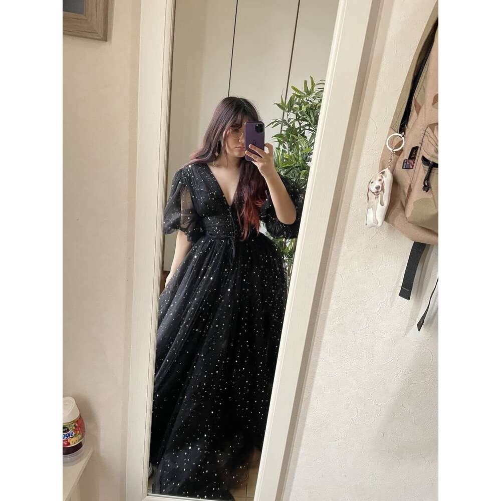 Starry Tulle Puffy Sleeve Prom Dress A Line Split Formal Long Sparkle V Neck Ball Gown Evening Party Gowns prom AMZ