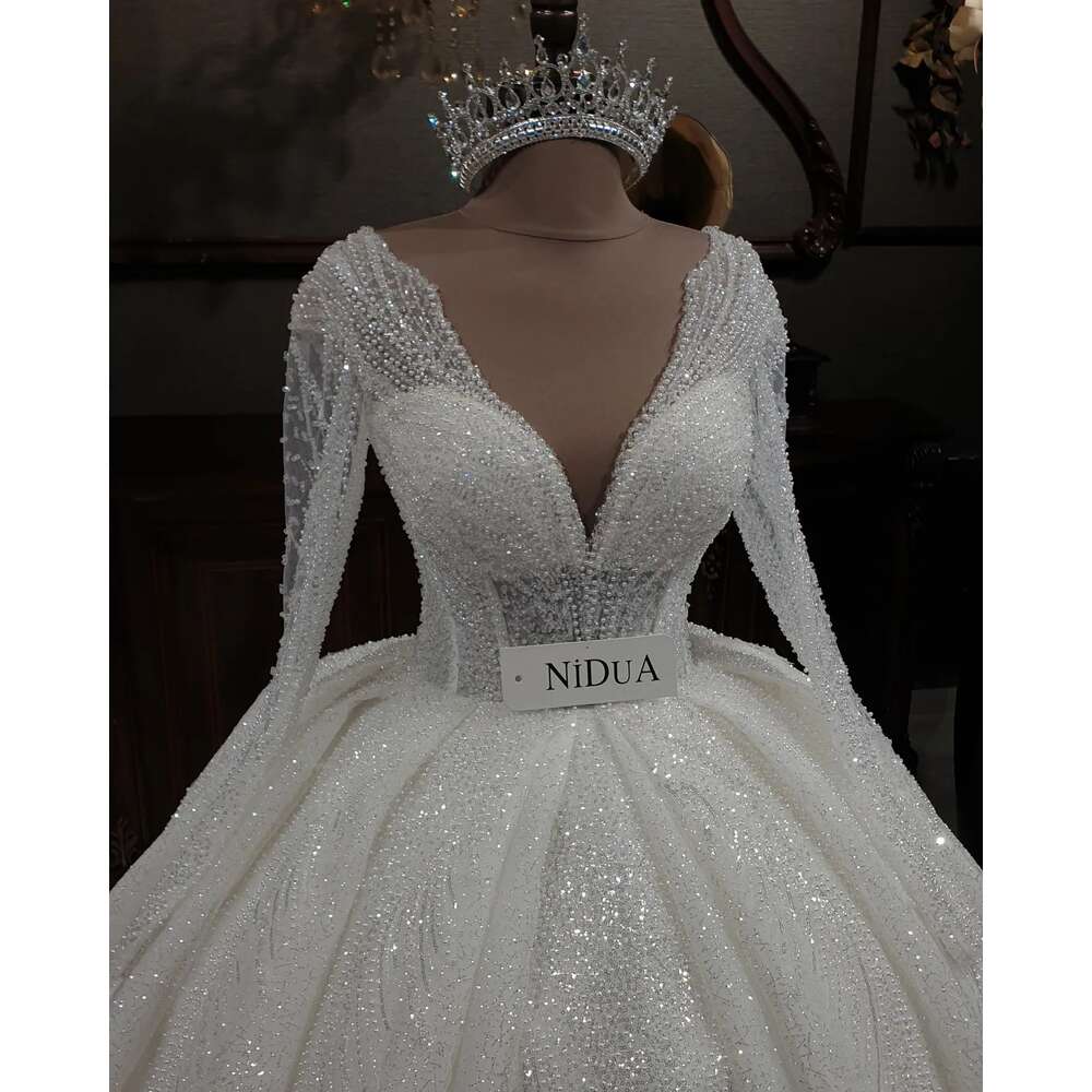 Exquisite Beading Wedding Dresses For Women Sequined Pearls V Neck Crystal Bridal Gowns Formal Ocn Vestidos De Novia