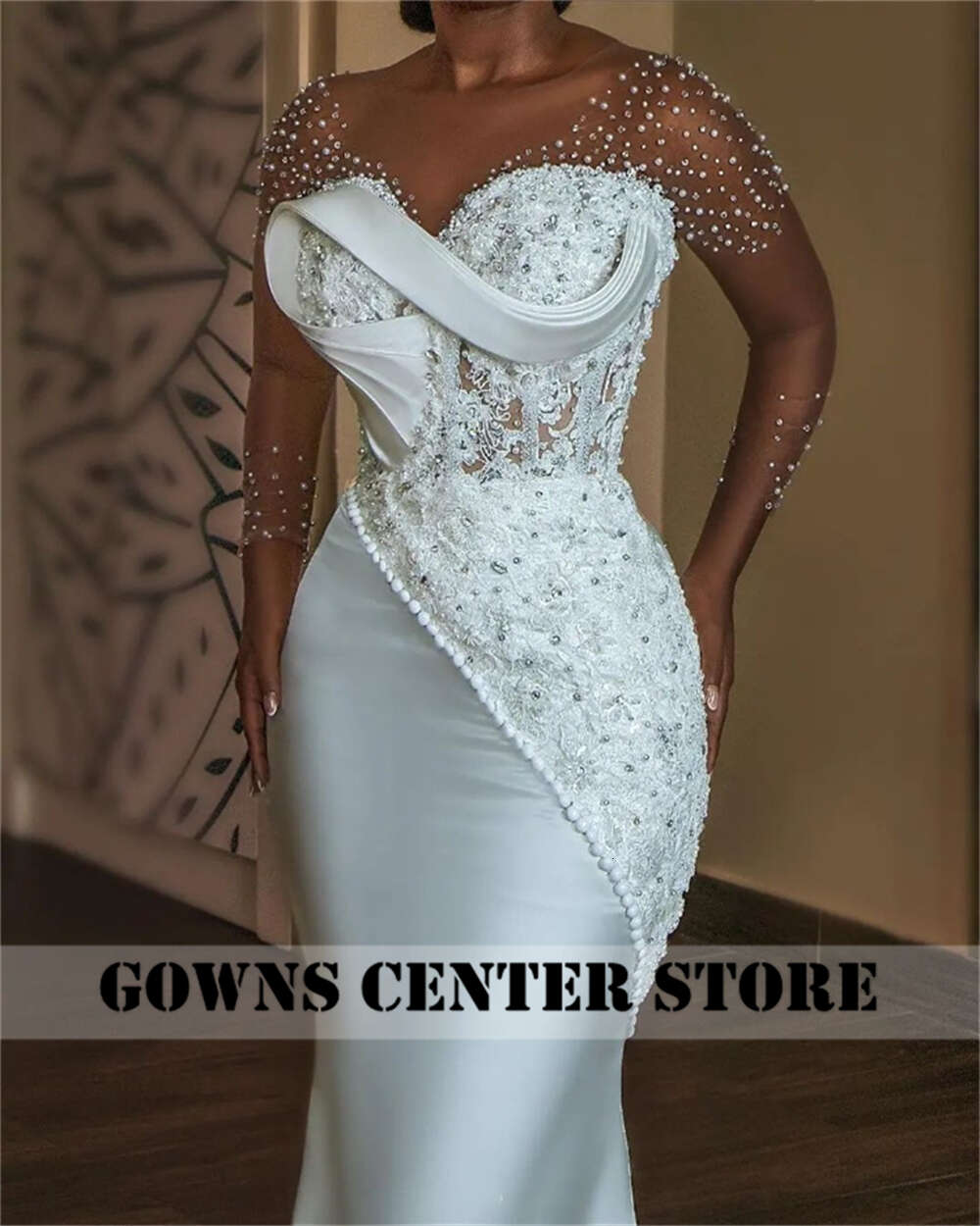 White Pearls Beaded Mermaid African Wedding Dress Mesh Long Sleeves Aso Ebi Engagement Gowns Corset Fish Bones vestidos