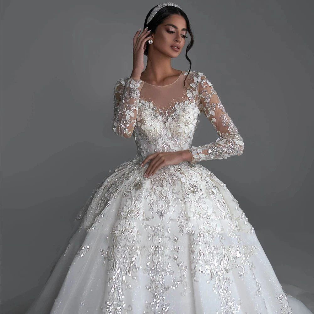Luxurious Beaded Ball Gown Wedding Dresses Long Sleeves Jewel Neck 3D Floral Lace Wedding Gowns Arabic Dubai Party & Events Robe De Mariee 2024