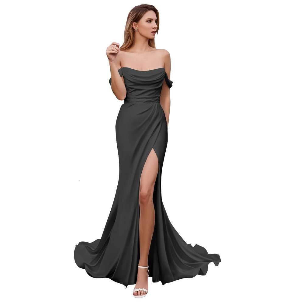 Off The Shoulder Prom Dresses Cowl Neck Satin Formal Dress for Women Mermaid Evening Gowns with Split prom AMZ