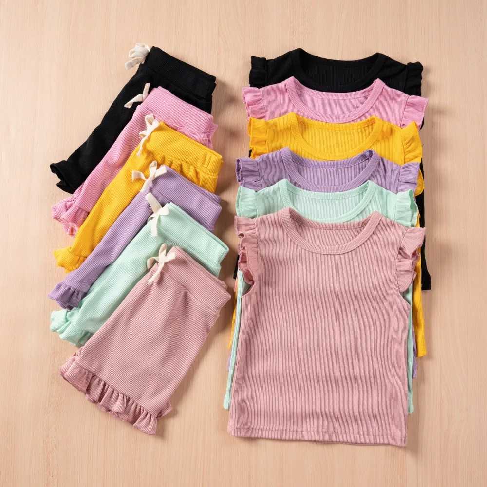 Clothing Sets 6 Color Girls Solid Shorts Outfits Fly Sleeves Tops Ruffles Shorts Clothes Sets Toddler Girls Kids Fashion Summer Clothing 0-6Y