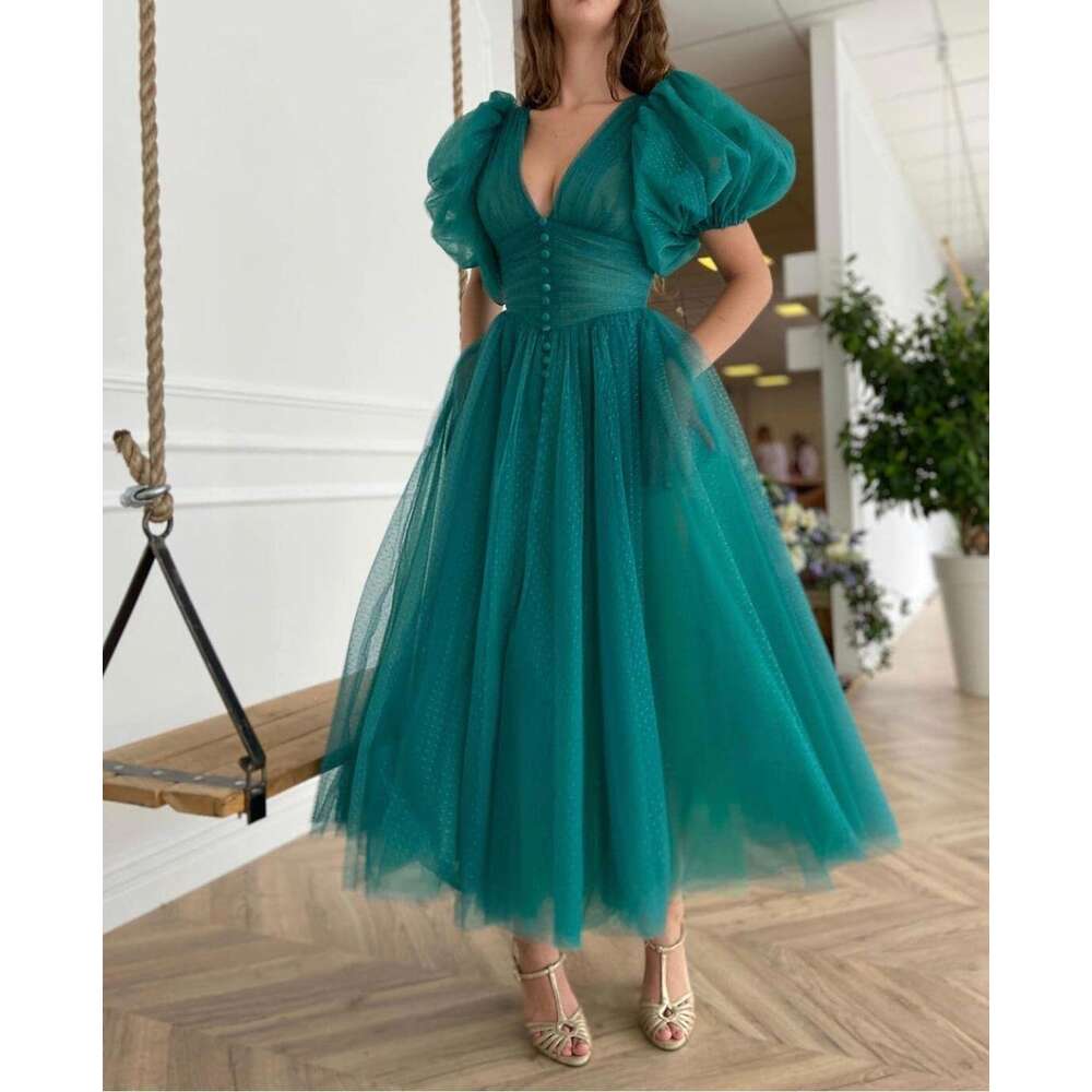 MARSEN Puffy Sleeve Prom Tea Length Formal Evening Dresses Women A Line prom Ball Gown for Bride prom AMZ