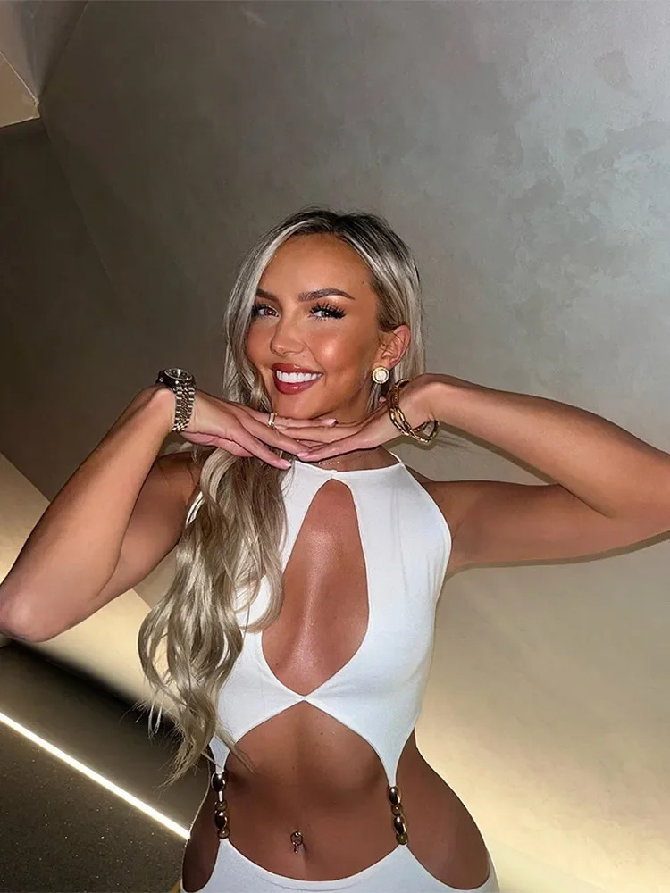 Chic Cut Out White Holiday Dresses For Women Summer Elegant Sleeveless Halter Bodycon Robe Lady Evening Party Sundress 240514