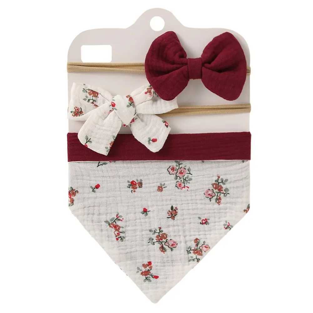 Bibs Burp Cloths 3Pcs/Set Muslin Cotton Baby Bib Newborn Bows Headband Triangle Print Saliva Towel Infant Boy Girl Feeding Burp Cloth Shower GiftL4812