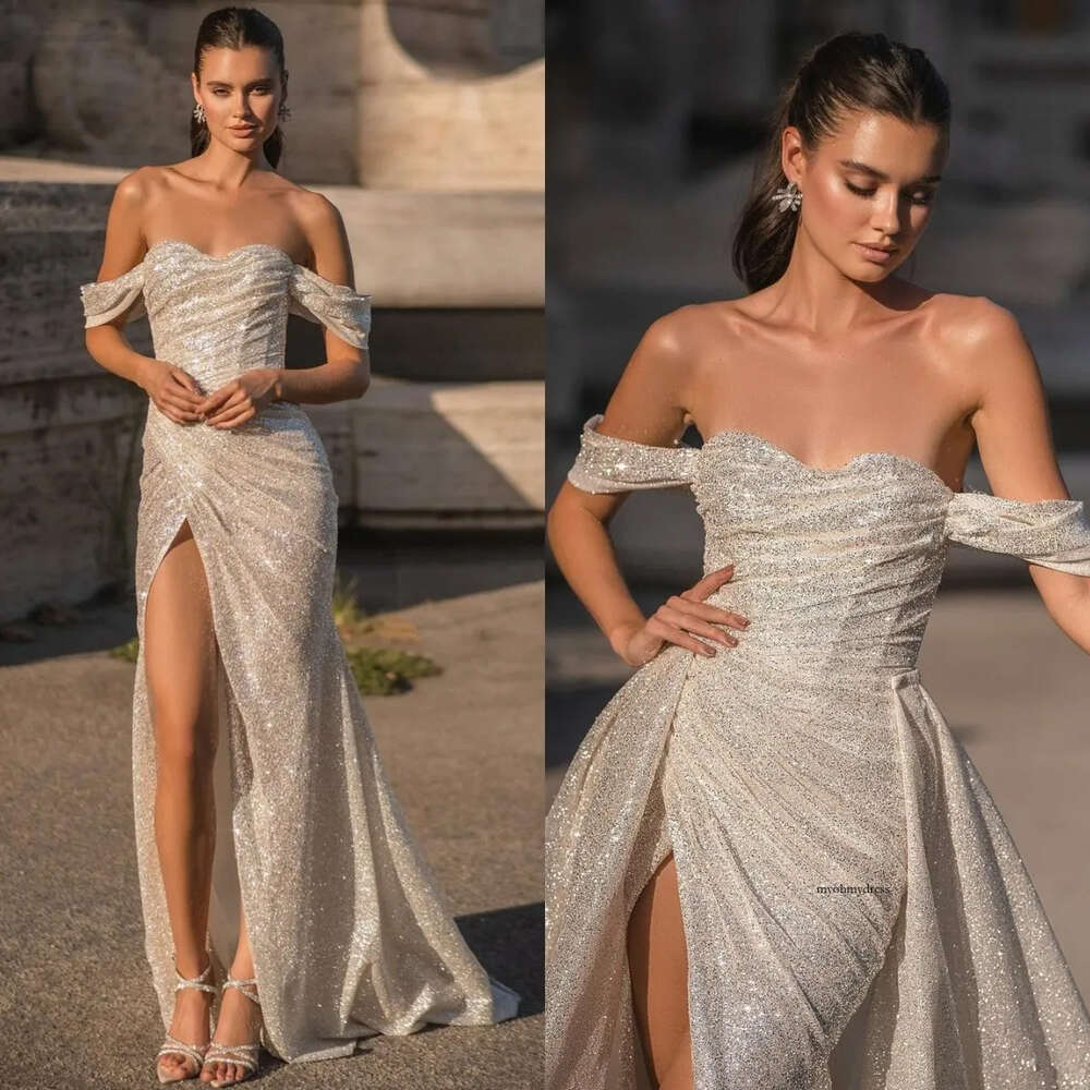Berta Off Shoulder Sheath Dresses For Bride Glitter Sequins Wedding Dress With Detachable Skirt Thigh Slit Robe De Mariee Bridal Gowns 0515