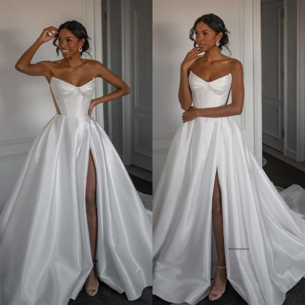 Sexy A Line Dress Strapless Thigh Slit Wedding Dresses Vestidos De Novia Bone Bodice Satin Designer Bridal Gowns 0515