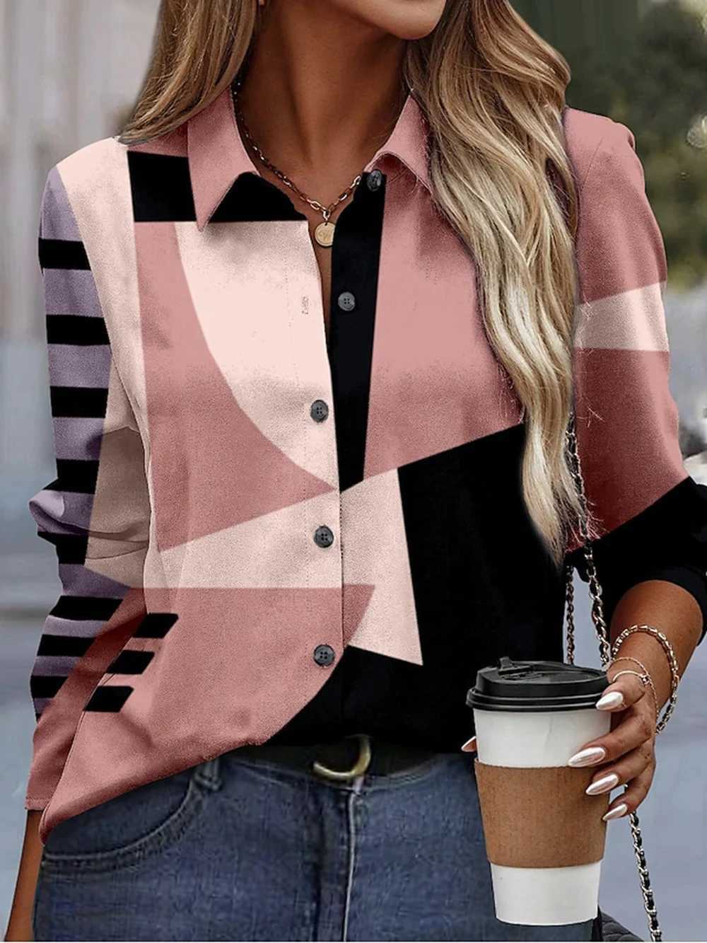 Women's Blouses Shirts 2024 New Womens Shirts Blousesgeometric Stripe Printing Elegant Women Blouse Long-Slved Female Clothing Tops Camisa Y24051