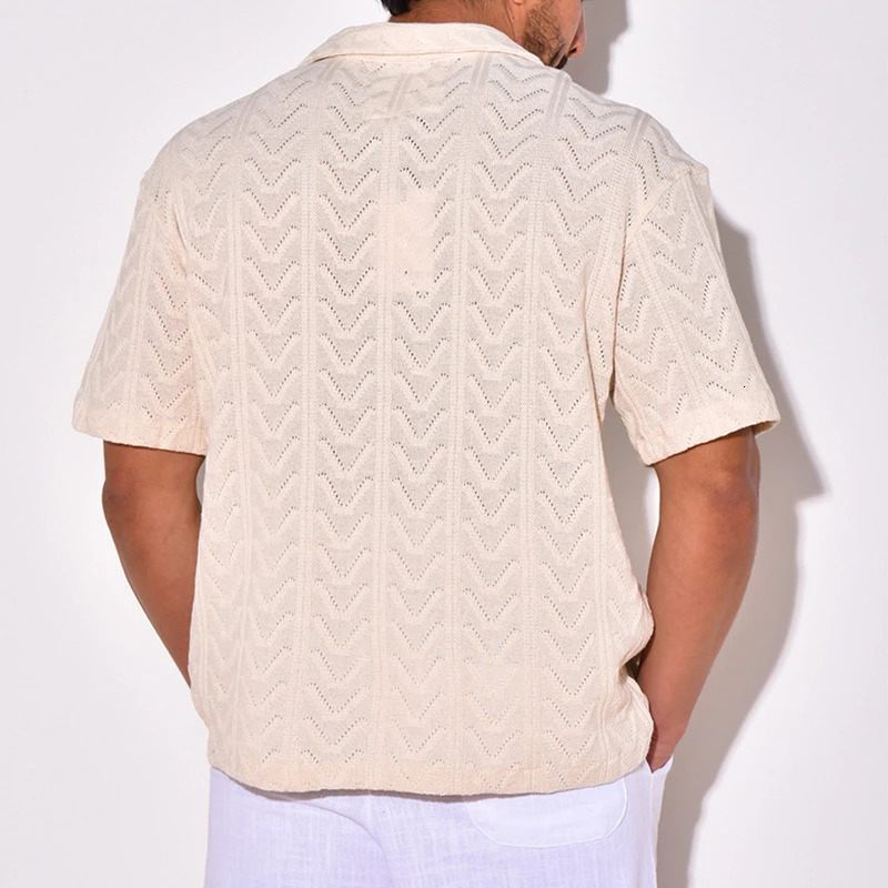 Summer Trendy Breathable Knit Mens Shirt Short Sleeve Lapel Buttoned Knitted Tops Beach Style Vintage Jacquard Crochet Knitwear 240506