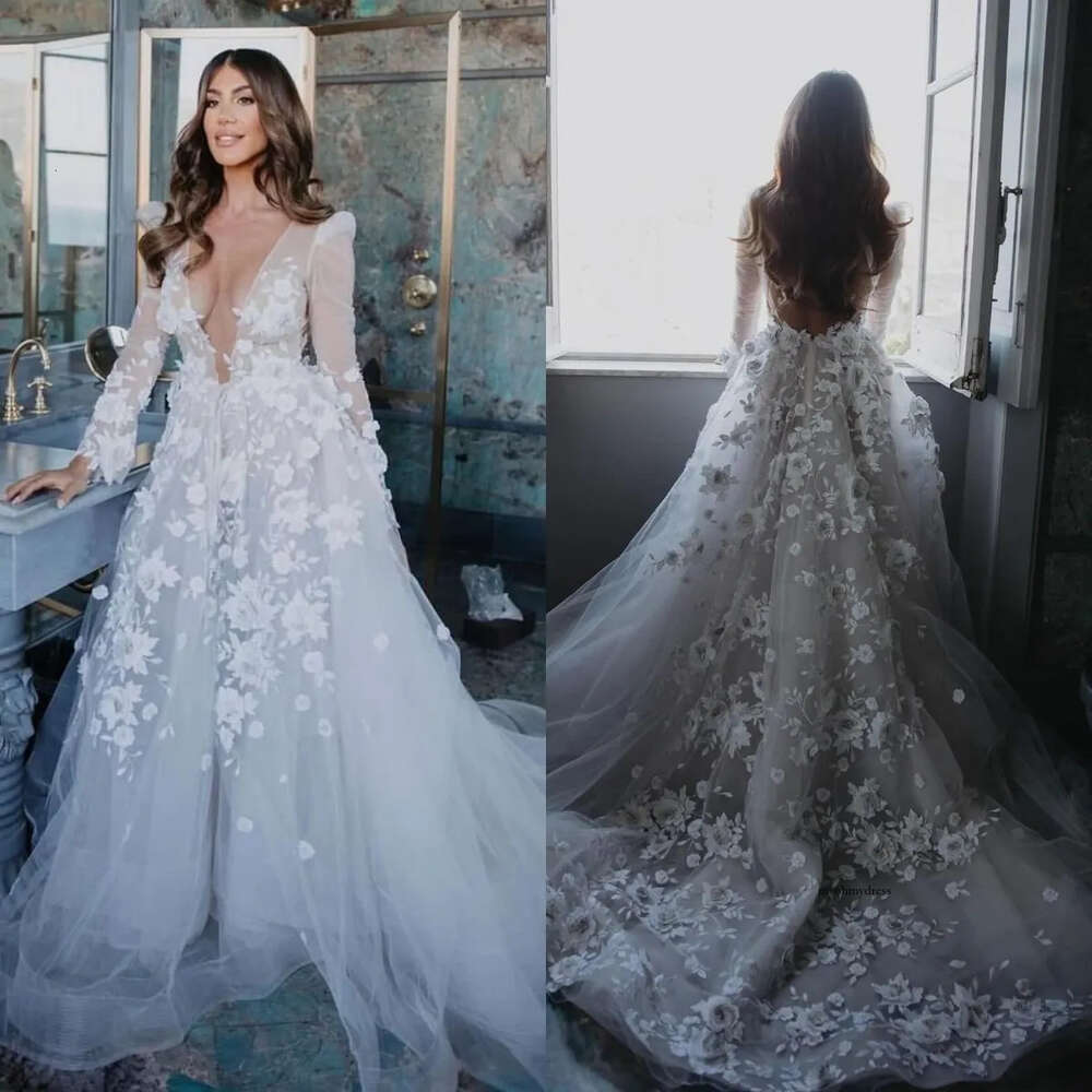 Berta A Line Dress For Bride V Neck Fulllace Boho Wedding Dresses Vestidos Novia Long Sleeves Lacefull Backless Country Robe De Mariage 0515