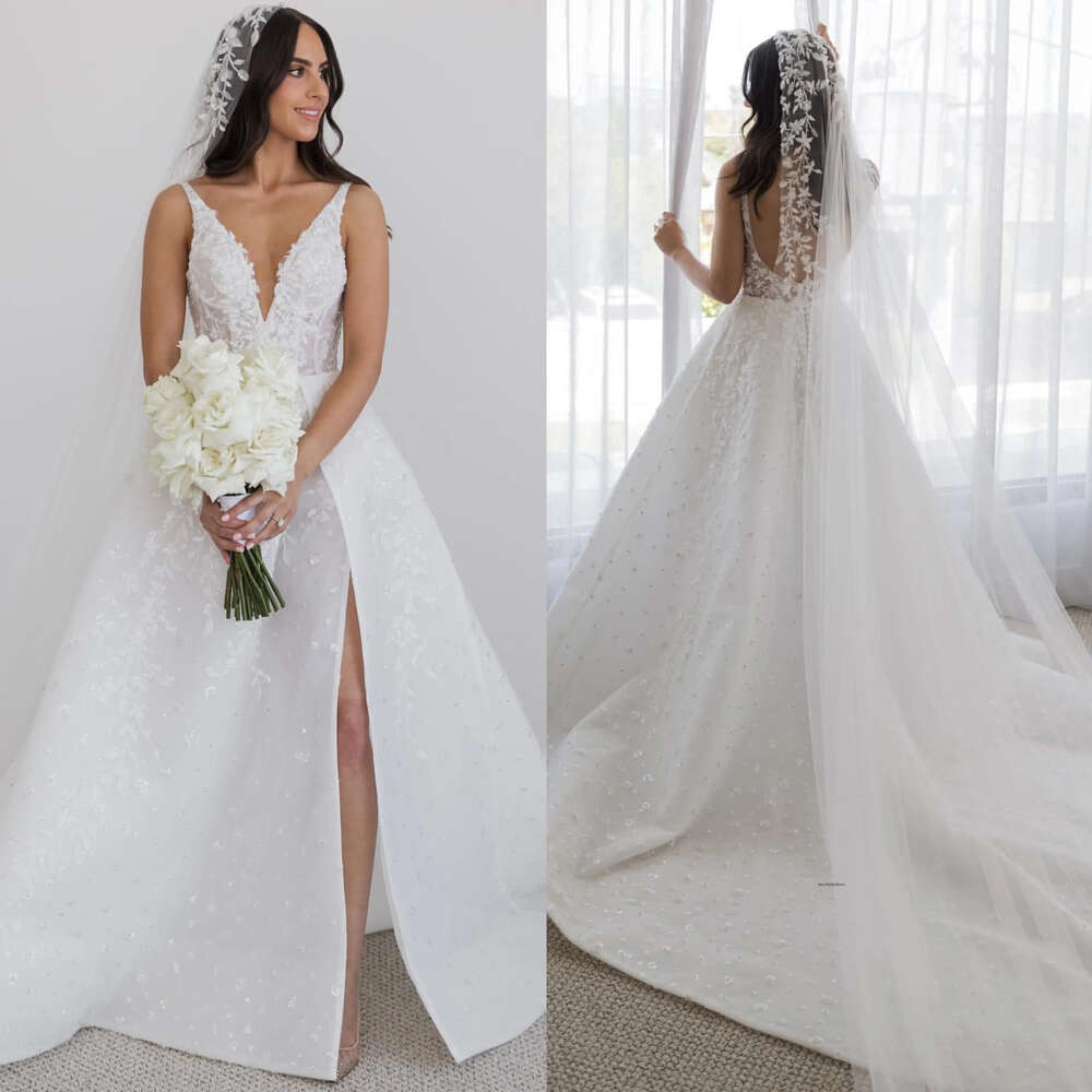 Boho A Line Dress For Bride V Neck Sequins Fulllace Wedding Dresses Bridal Gowns Vestidos Novia Thigh Split Backless Country Robe De Mariage 0515