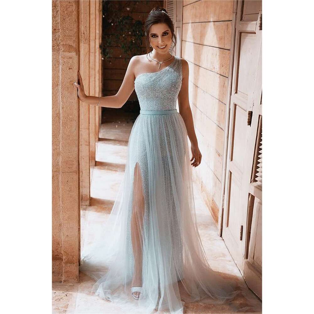 One Shoulder Prom Dress Sequin Formal Dresses for Women Sparkly Evening Gowns Tulle Ball Gown prom AMZ