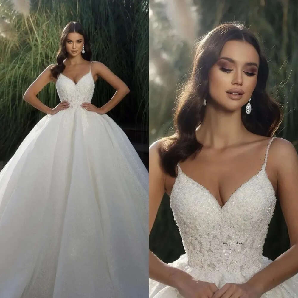 Spaghetti Ball Gown Dresses Sequins Beads Top Princess Wedding Dress Sweep Train Bridal Gowns 0515