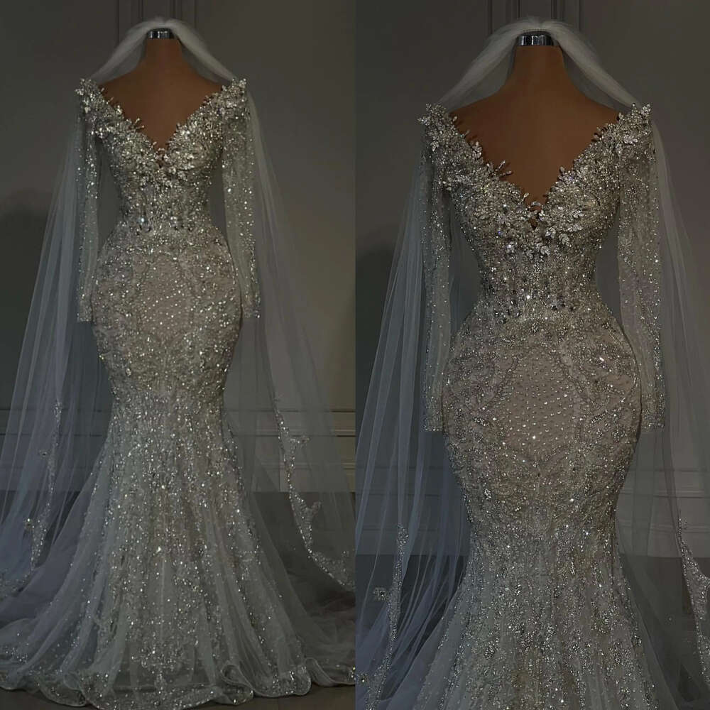 Gorgeous Chart Mermaid Wedding Dress V Neck Beading Lace Long Sleeves Illusion Wedding Dresses Bridal Gowns Sweep Train Designer Robe De Mariage 0515