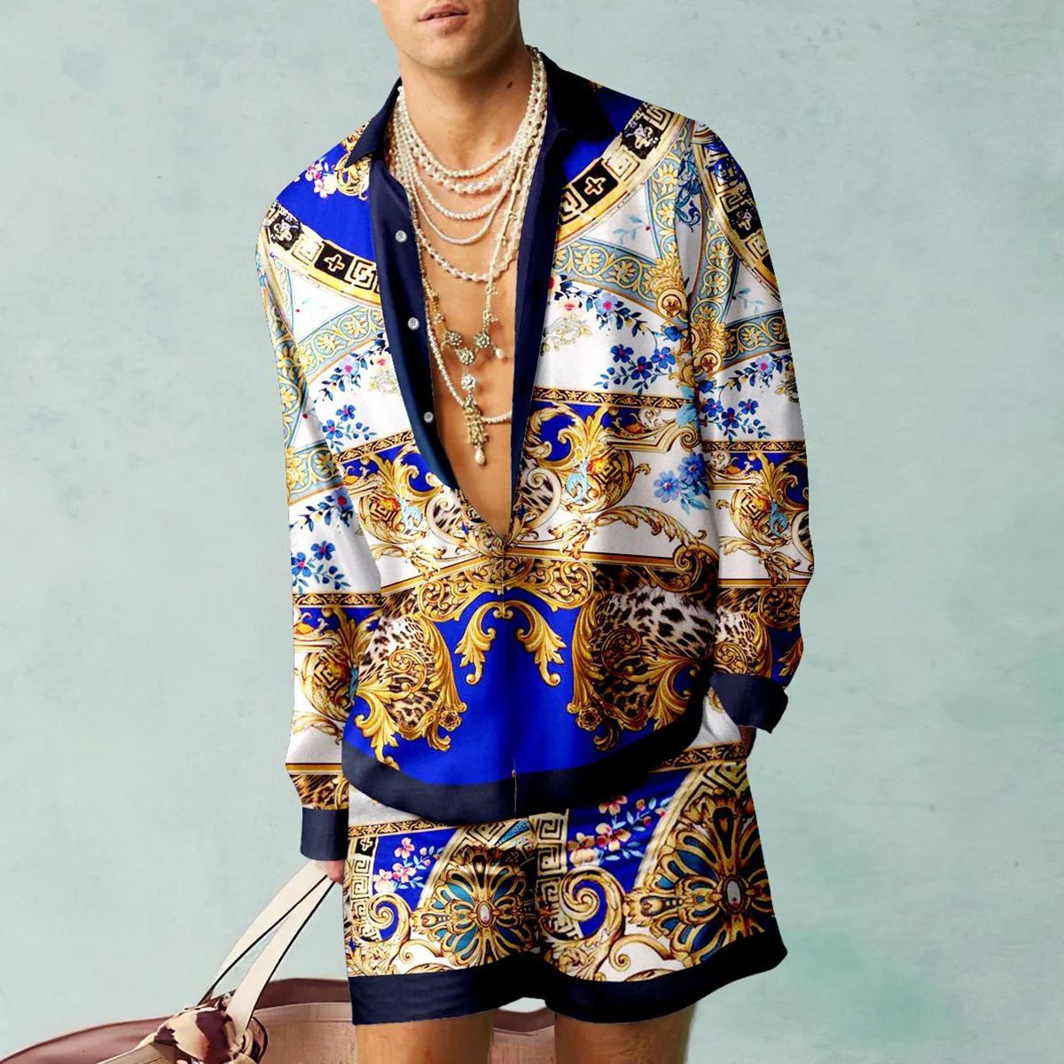 Patterned Shirt Sets 3D Printed Mens Casual Fashion Long Sleeves Shirts Oversized Beach Shorts Summer Streetwear Suits Clothing 240506