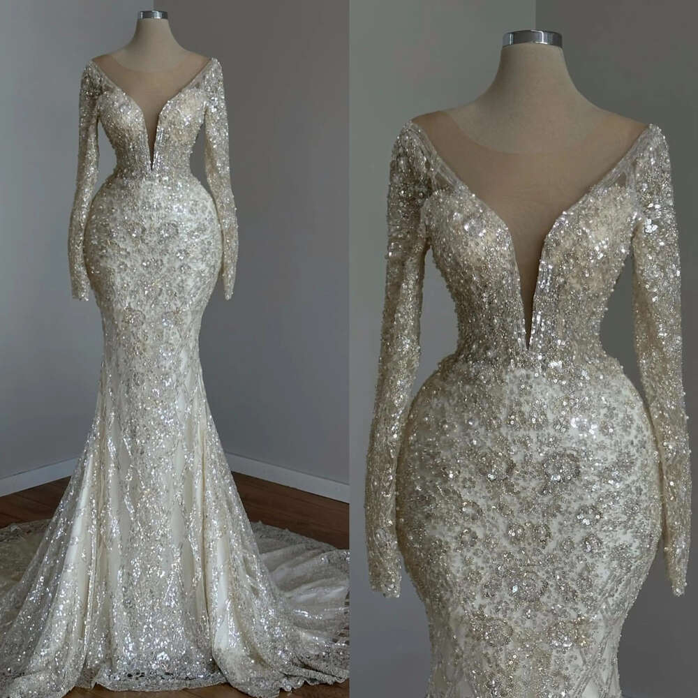 Light Champagne Chart Mermaid Wedding Dress Sheer Neck Saudi Arabic Beaded Wedding Dresses Long Sleeves Dubai Bridal Gowns 0515