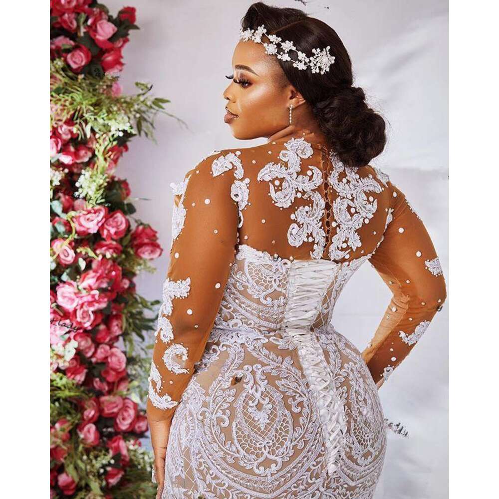 Size Plus Arabic Mermaid Wedding Dresses With Detachable Train Long Sleeves Lace Up Corset Beaded African Bridal Gowns Sweep