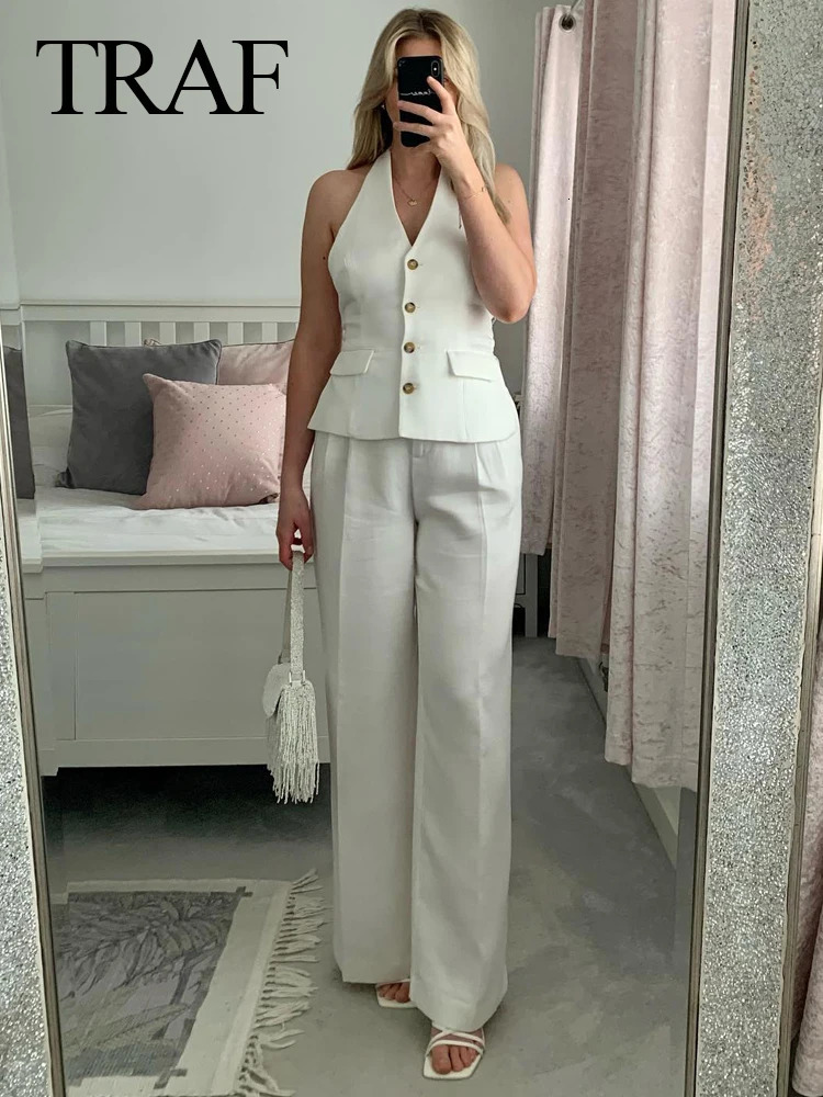 TRAF Fashion Women Solid Vest Pant Sets Vintage Backless Sleeveless Waistcoat High Waist Zipper Pockets Wide Leg Pant Suits 240507
