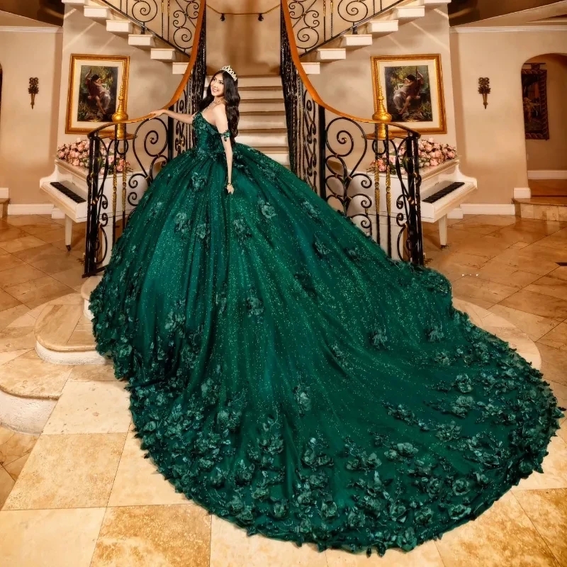 Green Emerald Glitter Quinceanera Dresses D Wer Vestidos De Birthday Formal Dress Ball Pearls Junior Party Gown Girls D e ress