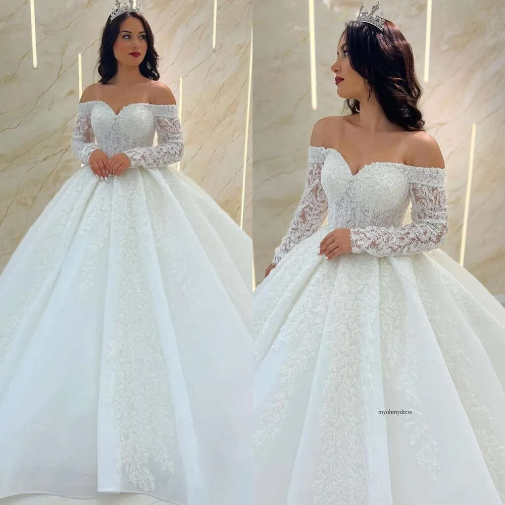 Saudi Arabic Ball Gown Dresses Off Shoulder Long Sleeves Beading Lace Wedding Dress Sweep Train Bridal Gowns 0515