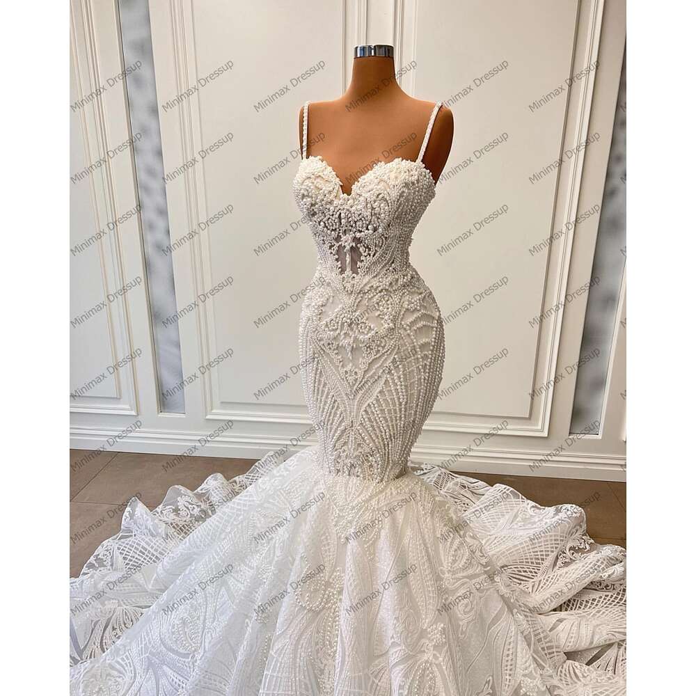 Image Real Beading Pearls Mermaid Dresses Pretty Spaghetti Strap Appliques Lace Long Bridal Dress Zipper Back Wedding Go
