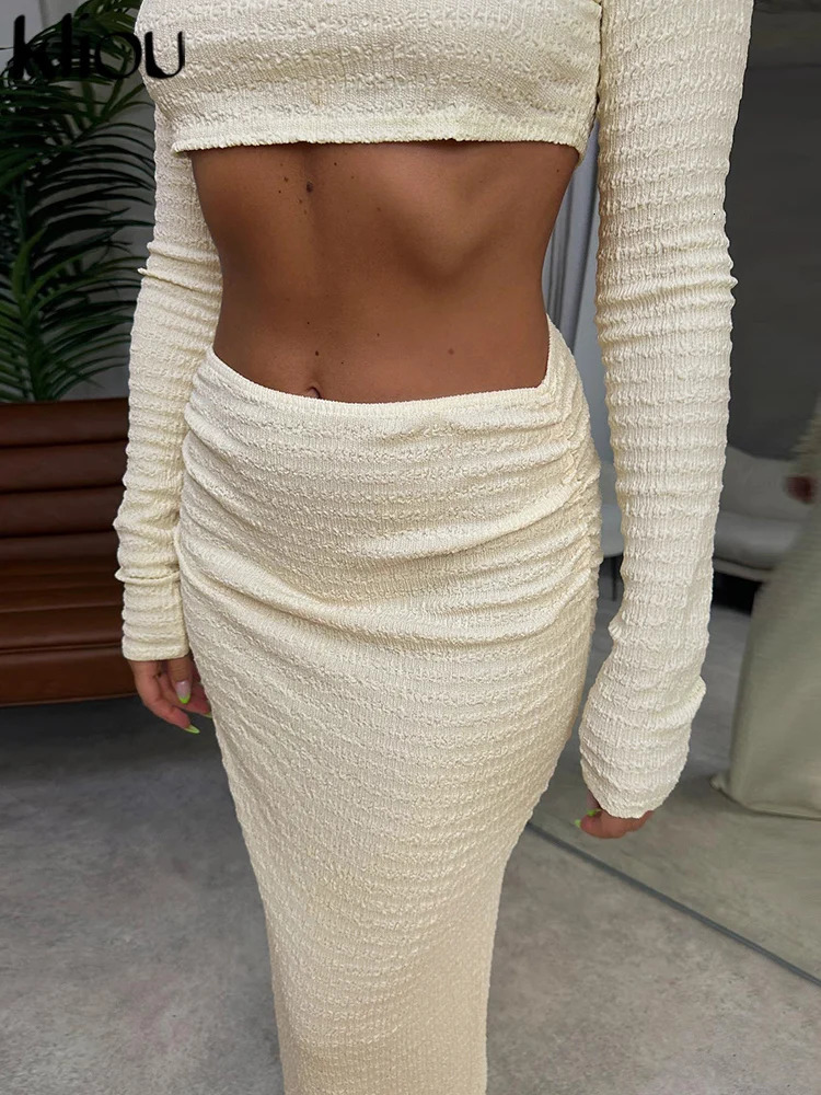 kliou Autumn Women Two Piece Set Elegant Casual Solid Long Sleeve Crop TopsHip Skirt Matching Outfit Office Lady Softy Clothing 240515