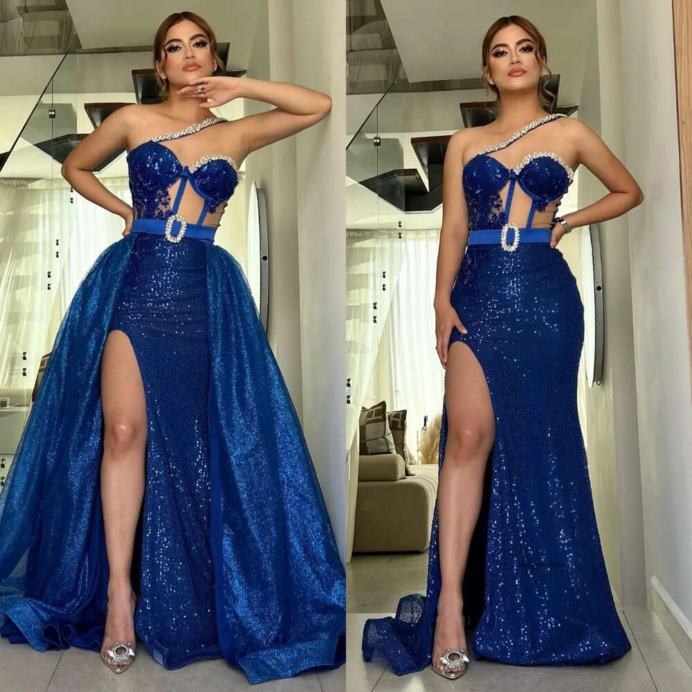 Royal Blue Mermaid Evening With Glitter Detachable Overskirt Beaded Straps Formal Party Prom Dress Split Dresses For Special Ocn 0515