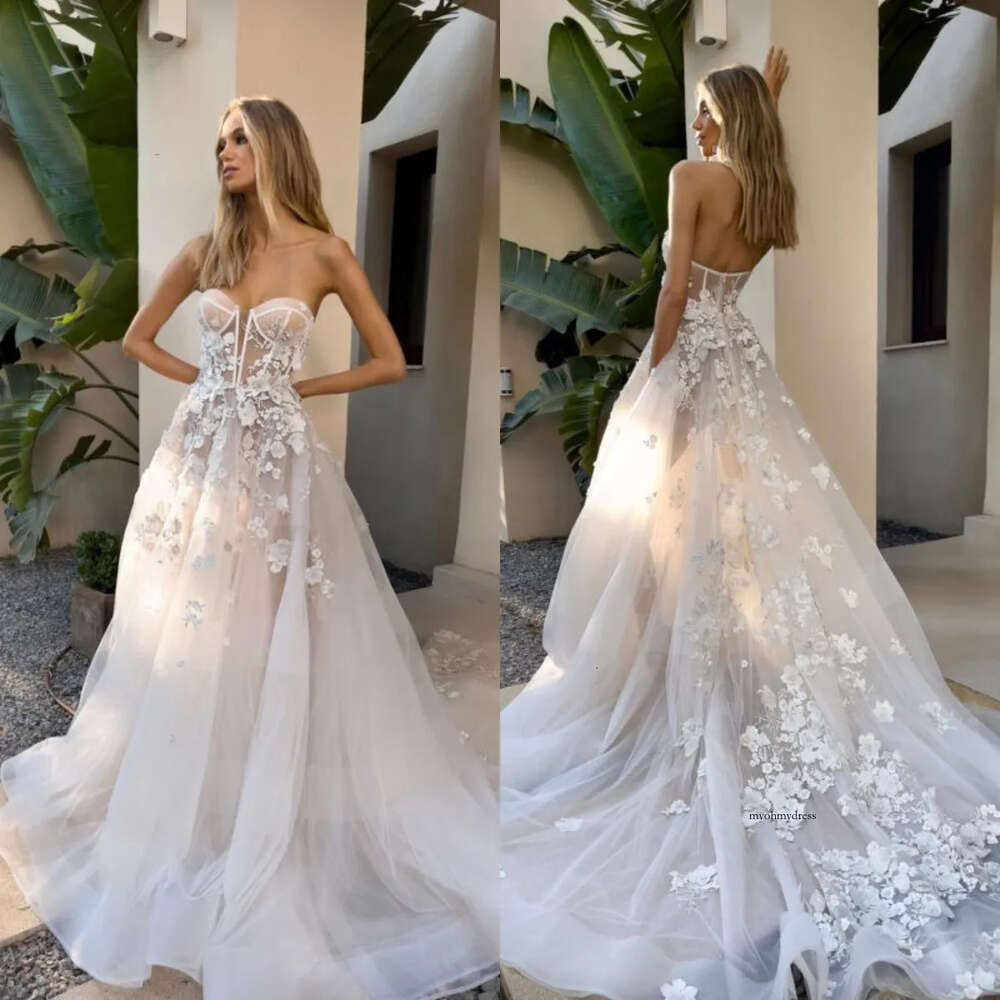 Boho A Line Wedding Dresses Bone Bodice Appliques Sweetheart Tulle Designer Wedding Bridal Gowns 0515