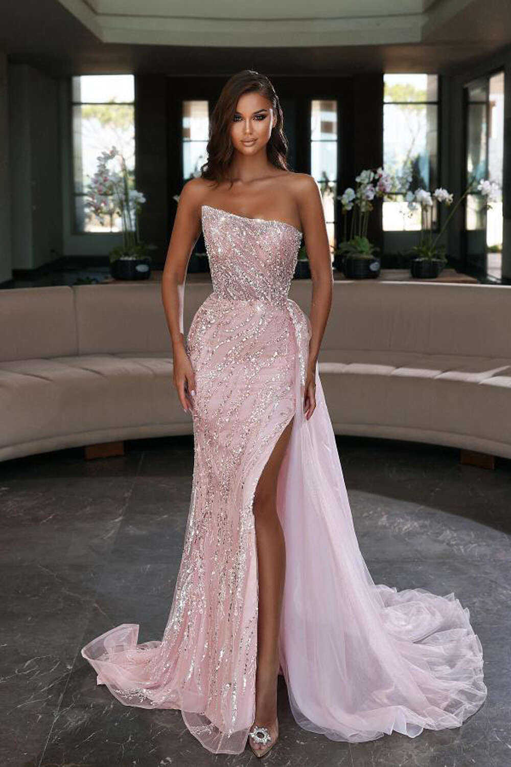 Tulle Evening Dresses Crystal High Split Sequined Strapless Mermaid Beaded Formal Party Prom Gowns Vestidos De Gala 6660306