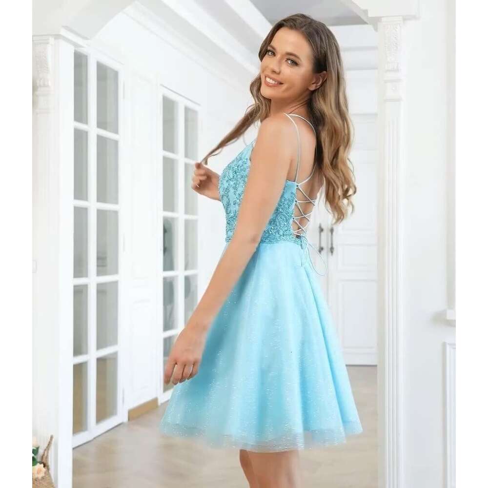 Sparkly Tulle A Line Homecoming Short Prom Dresses for Teens Spaghetti Straps Beads Mini tail Dress prom AMZ