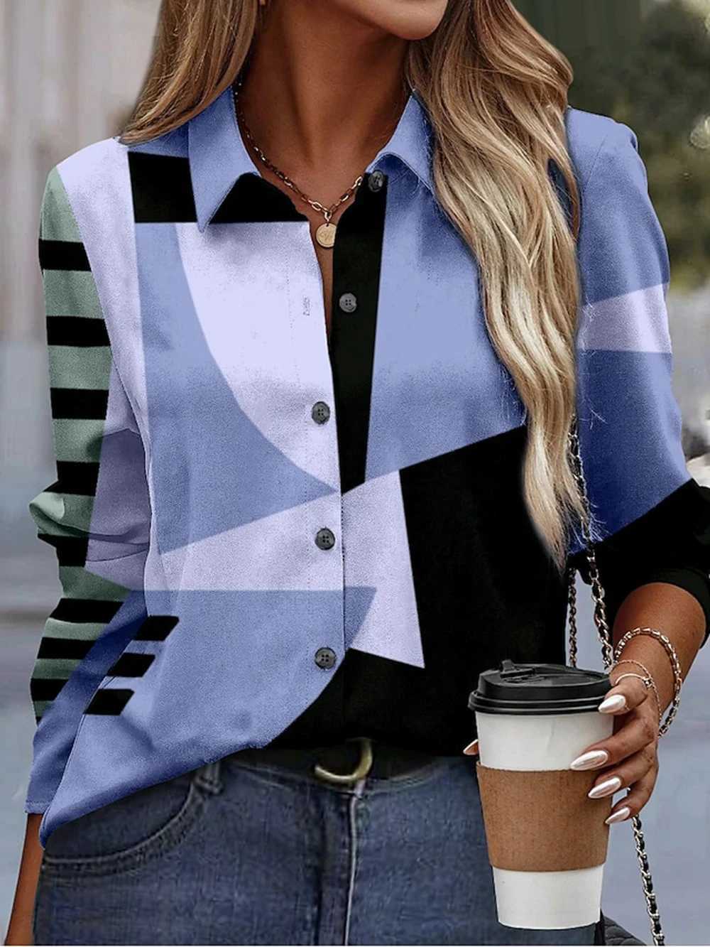 Women's Blouses Shirts 2024 New Womens Shirts Blousesgeometric Stripe Printing Elegant Women Blouse Long-Slved Female Clothing Tops Camisa Y24051