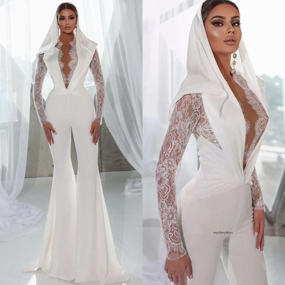 Elegant Muslim Jumpsuit Dresses Lace V Neck Sleeves Satin Wedding Jumpsuits Pleats Long Designer Bridal Gowns Sweep Train 0515