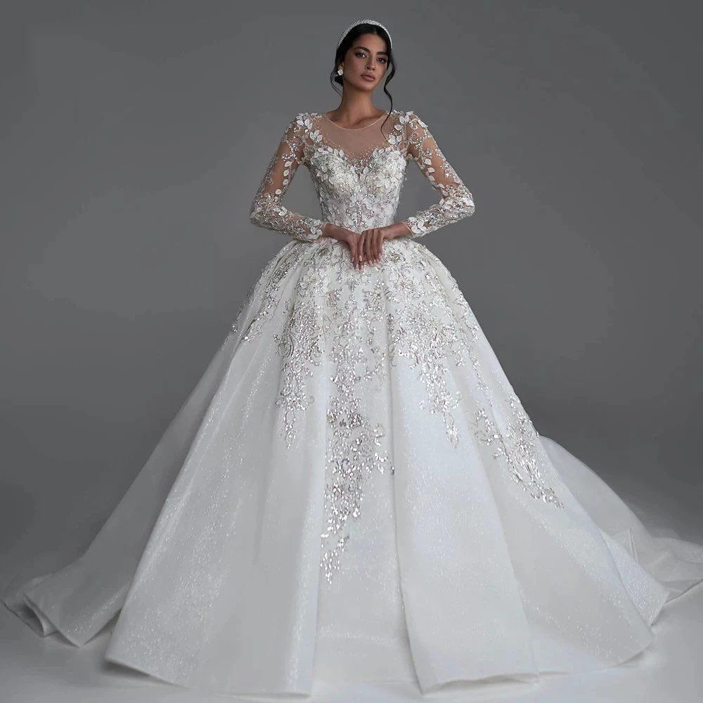 Luxurious Beaded Ball Gown Wedding Dresses Long Sleeves Jewel Neck 3D Floral Lace Wedding Gowns Arabic Dubai Party & Events Robe De Mariee 2024
