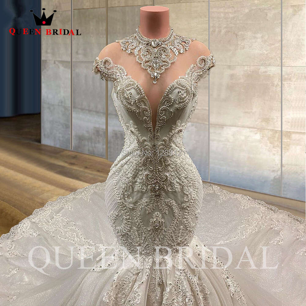 Real Photo Wedding Dresses Mermaid High Neck Tulle Crystal Beaded Diamond 2023 New Formal Bridal Gown Custom Made JT21