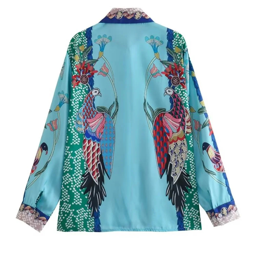 ZAR SpringSummer Womens Clothing Positioning Print Set Long sleeved Shirt High Waist Wide Leg Pants 240515