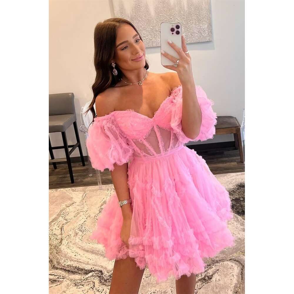 Off Shoulder A Line Homecoming Puffy Sleeve Tulle Short Prom Ruffles Mini Dresses for Party prom AMZ
