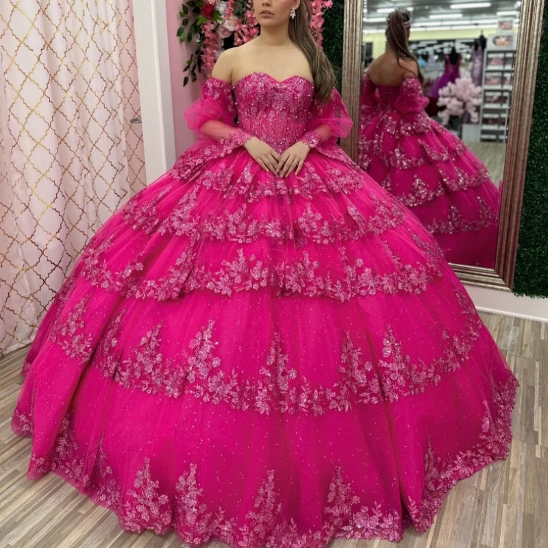 Rose Red Off The Shoulder Quinceanera Dress Ball Lace Applique Beading Tull Sweet 16 Vestidos De XV 15 Anos Party Formal Gown