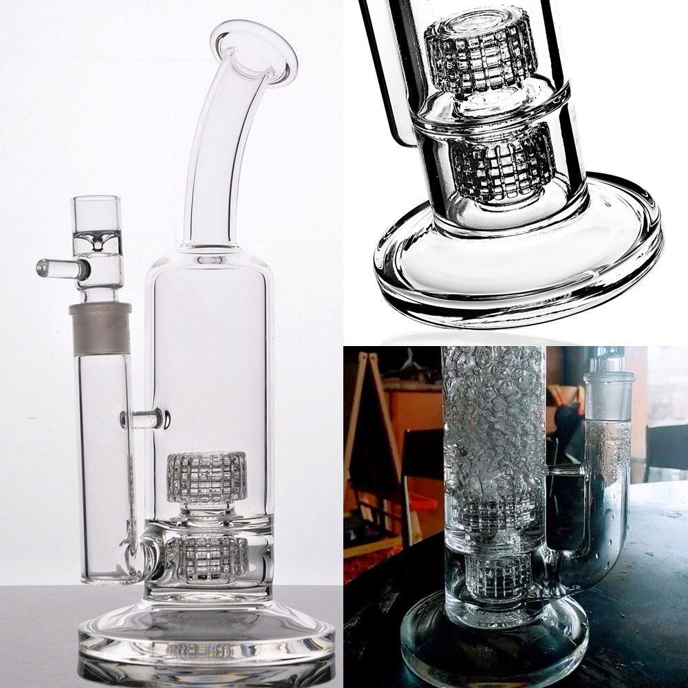 With Logo Glass Bongs Double Stereo Matrix Perc Hookahs Thick Water Pipes 18.8mm Bowl Heavy Base Fab Egg Recycler Smoking Shisha