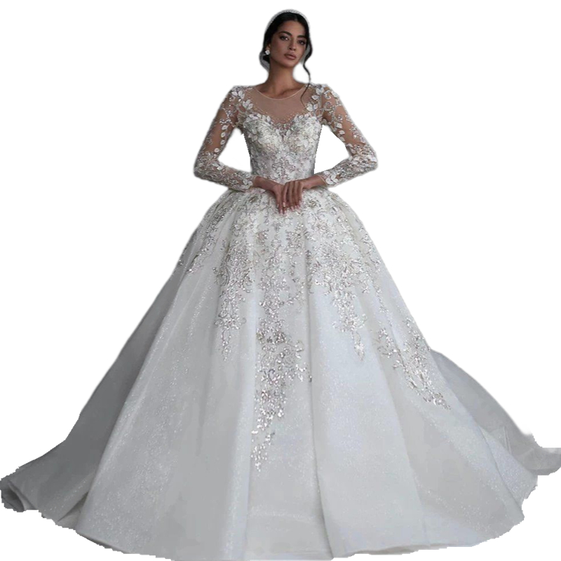 Luxurious Beaded Ball Gown Wedding Dresses Long Sleeves Jewel Neck 3D Floral Lace Wedding Gowns Arabic Dubai Party & Events Robe De Mariee 2024