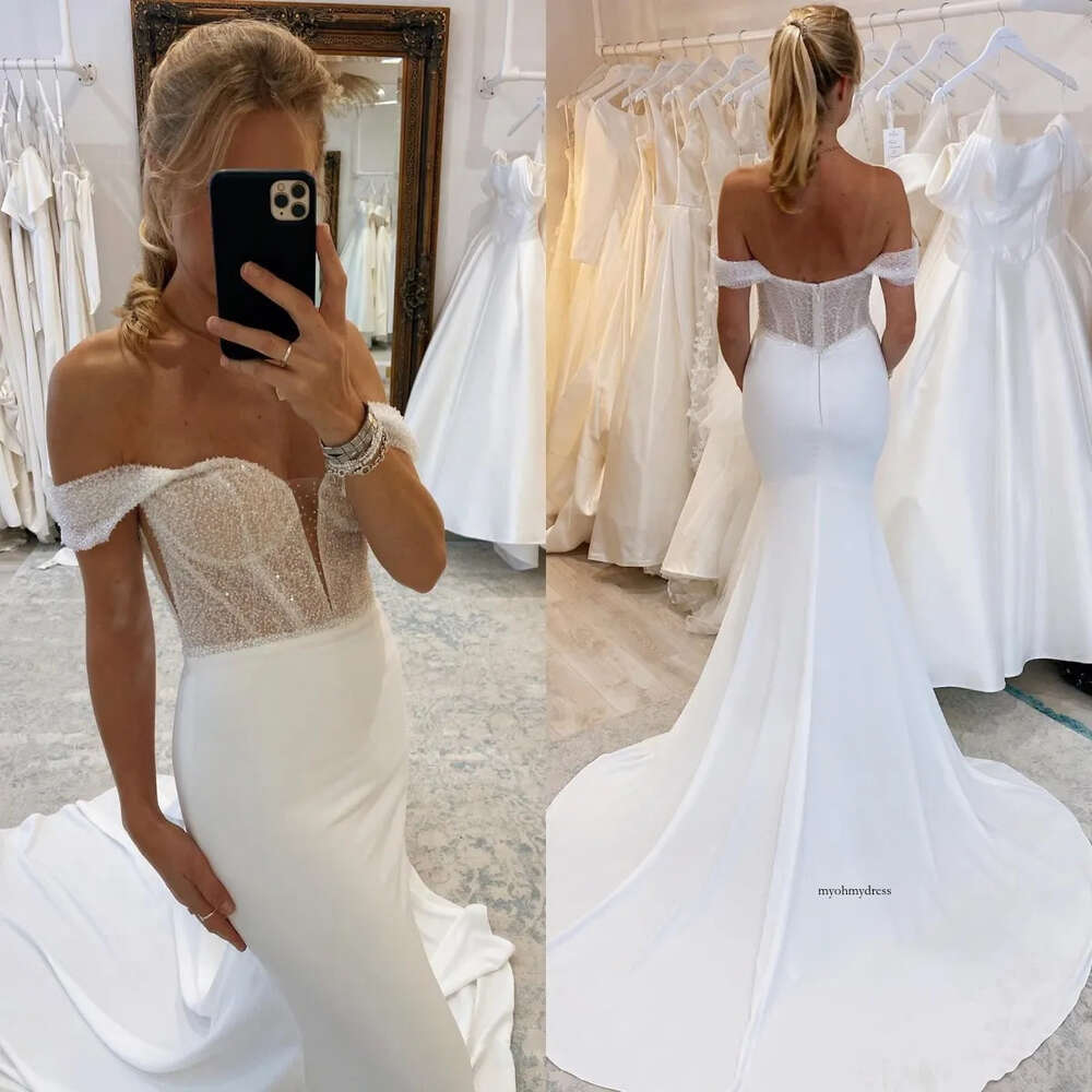 Elegant Mermaid Dresses Off Shoulder Glitter Top Wedding Dress Sweep Train Backless Wedding Bridal Gowns 0515