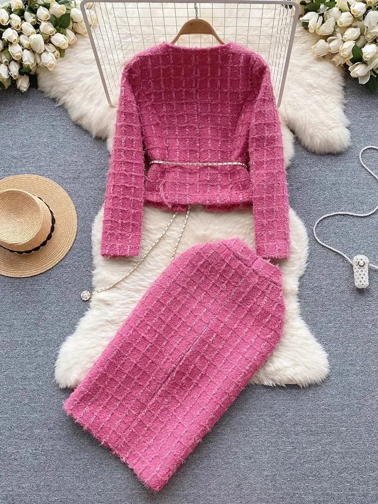 Autumn Winter Fashion Rose Red Woolen Two Piece Set Women Golden Button Chain Belt Tweed Short Jacket CoatSplit Midi Skirt Suit 240507