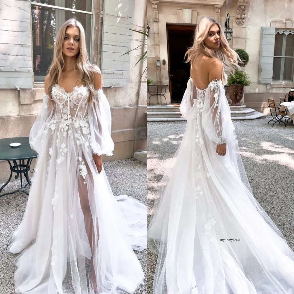Boho A Line Dresses Appliques Puffy Sleeve Tulle Designer Bridal Gowns Sweep Train Wedding Dress 0515