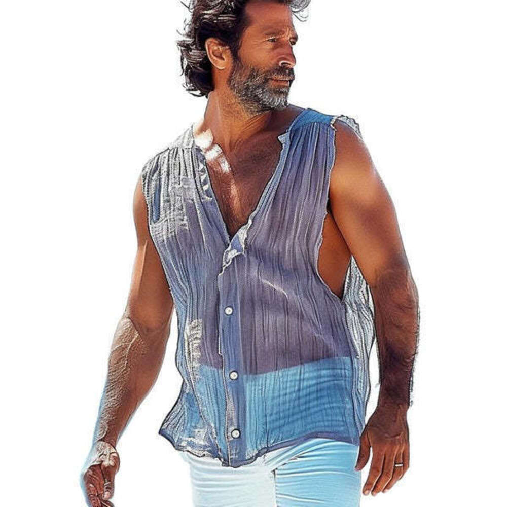 New men's sleeveless vest, solid color V-neck, summer casual fashion button top, versatile temperament M515 30 ddmymarket