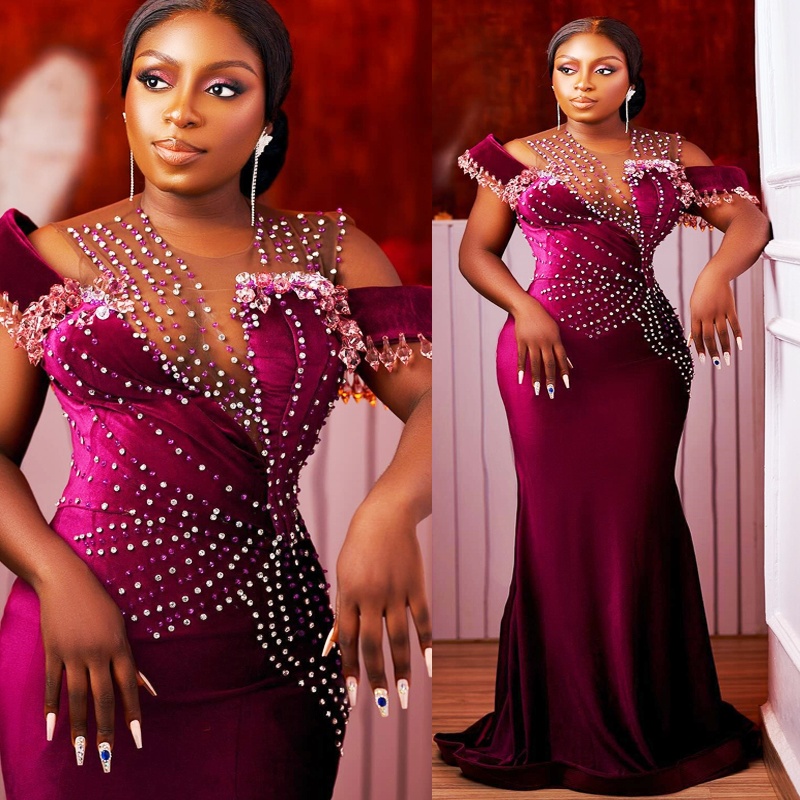 2024 Classic Aso Ebi Prom Dresses for Special Occasions Illusion Promdress Bright Rustrose Velvet Beaded Tulle Crystals Decorated Birthday Reception D