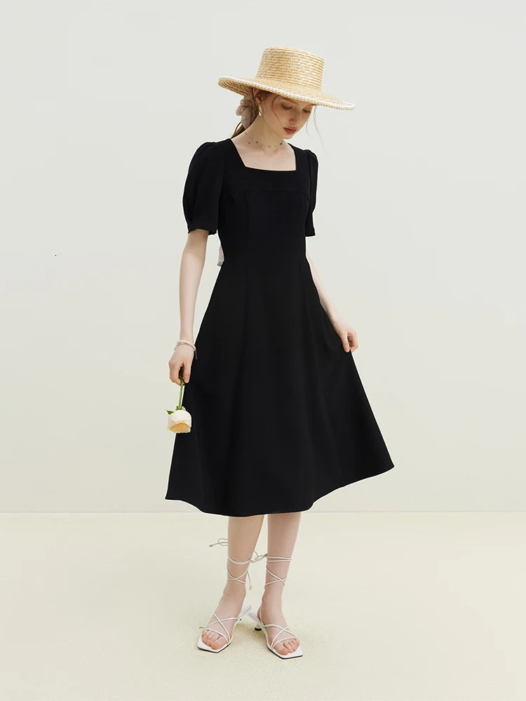 FSLE Back Hollowed Out Bow Tie Dress For Womens Summer French Style Square Neck Women Casual Loose 240513