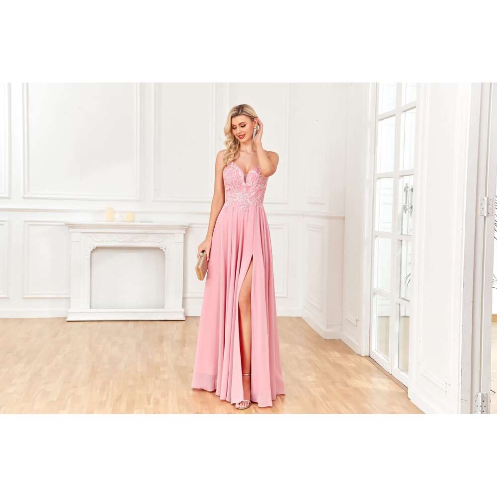 V Neck Chiffon Bridesmaid Lace Appliques Formal Dresses for prom Guests Beaded Split Evening Party Gown prom AMZ