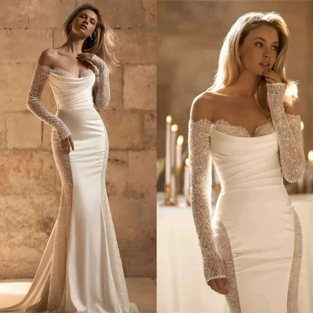Sequin Satin Splice Mermaid Wedding Dresses Off Shoulder Long Sleeves Bridal Gowns Sweep Train Backless Robe De Mariage 0515