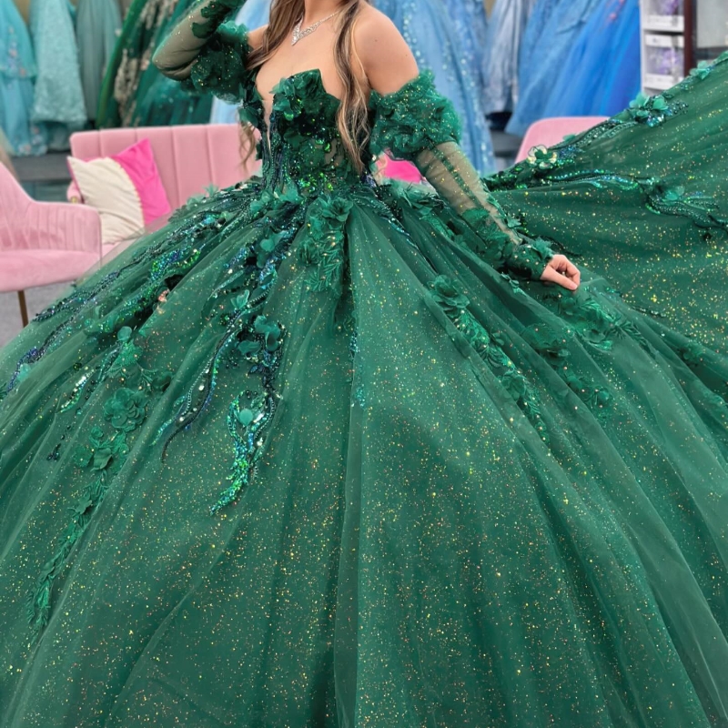 Emerald Green Shiny Princess Quinceanera Dress Off The Shoulder Ball Gown Lace Applique Beading Tull Corset Sweet 16 Vestido 15 De Anos
