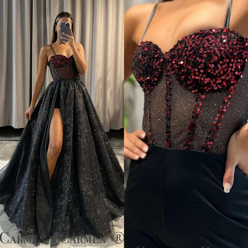 Sexy Black Prom Dress A Line High Split Illusion Evening Elegant Glitter Bone Bodice Bury Sequins Top Party Dresses For Special Ocns Promdress 0515