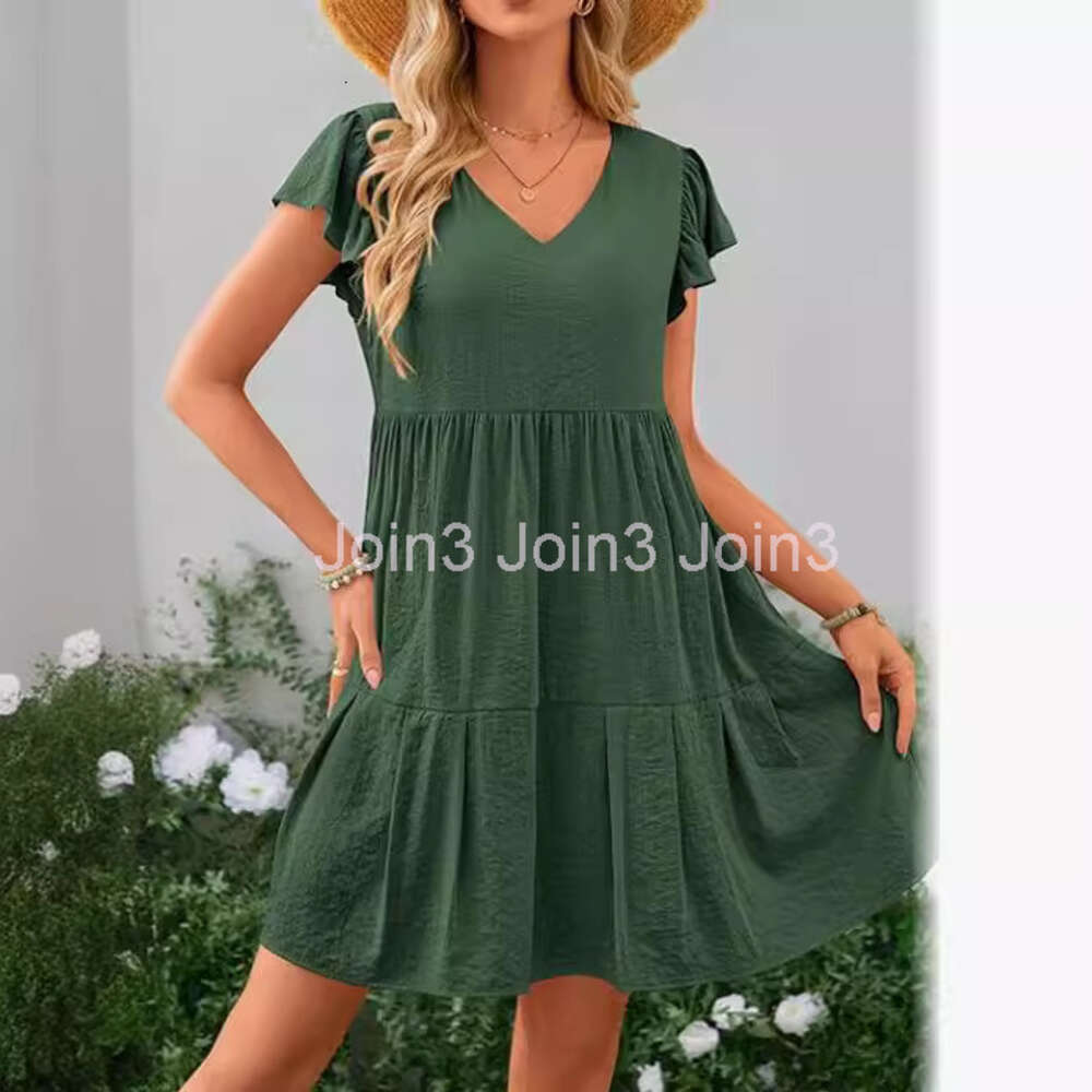 Summer Casual Short Dress Hat Sleeves V-Neck Layered Ruffle Swinging Dress